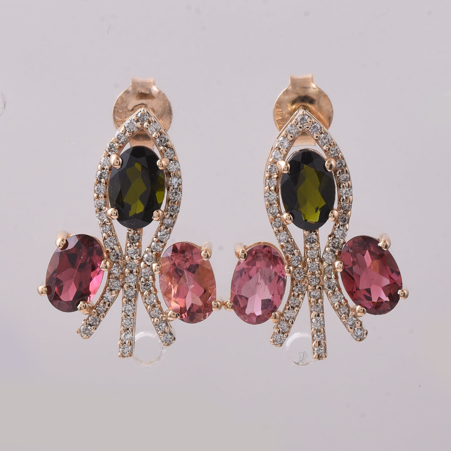 3.20 Ct Oval Mixed Cut Natural Multi-Coloured Tourmaline 14K Gold Earrings