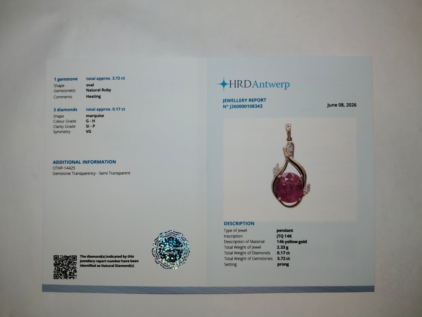 3.89 Ct Oval Mixed Cut Natural Ruby 14K Gold Pendant