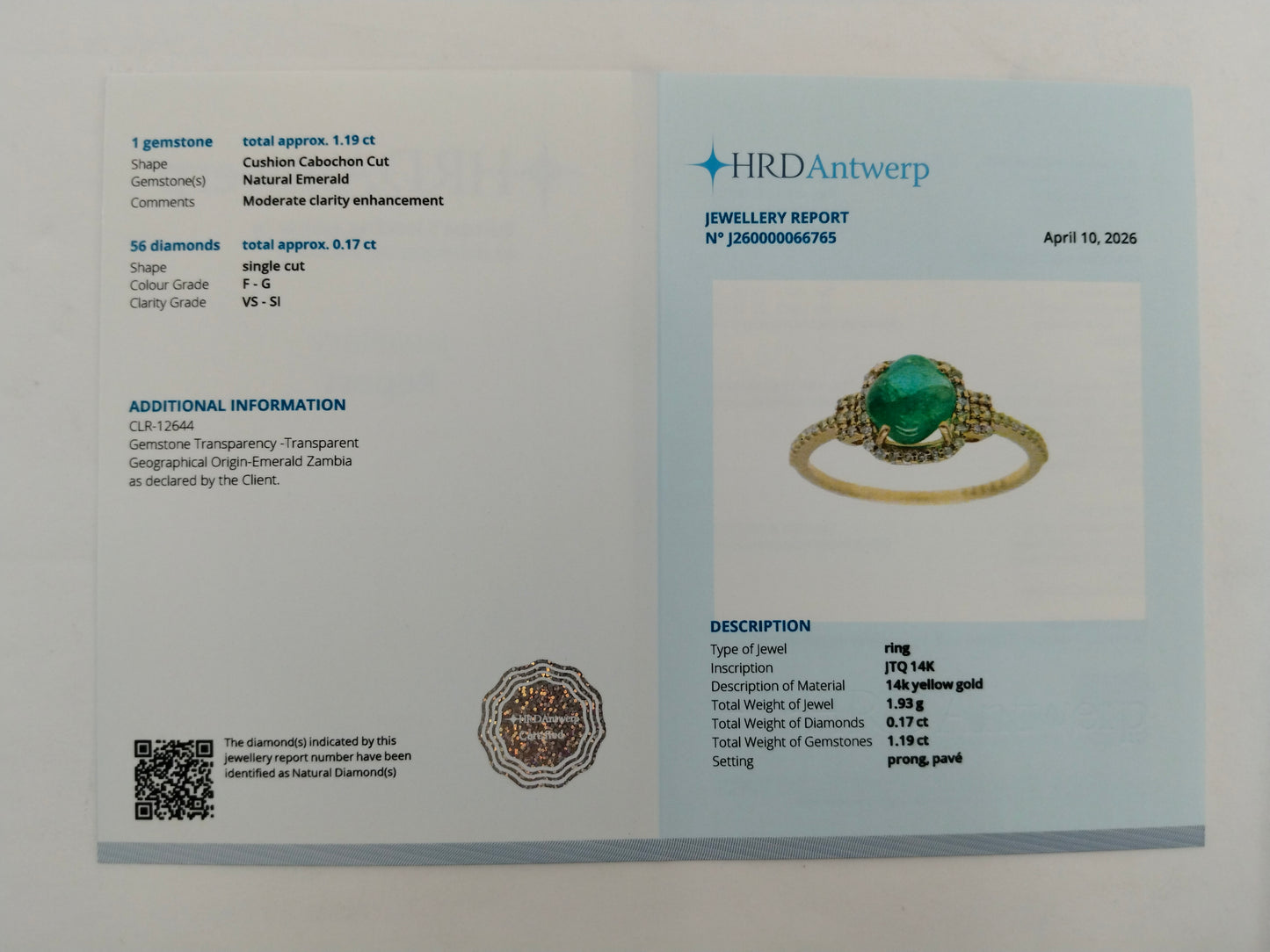 1.36 Ct Cushion Cabochon Natural Emerald 14K Gold Ring
