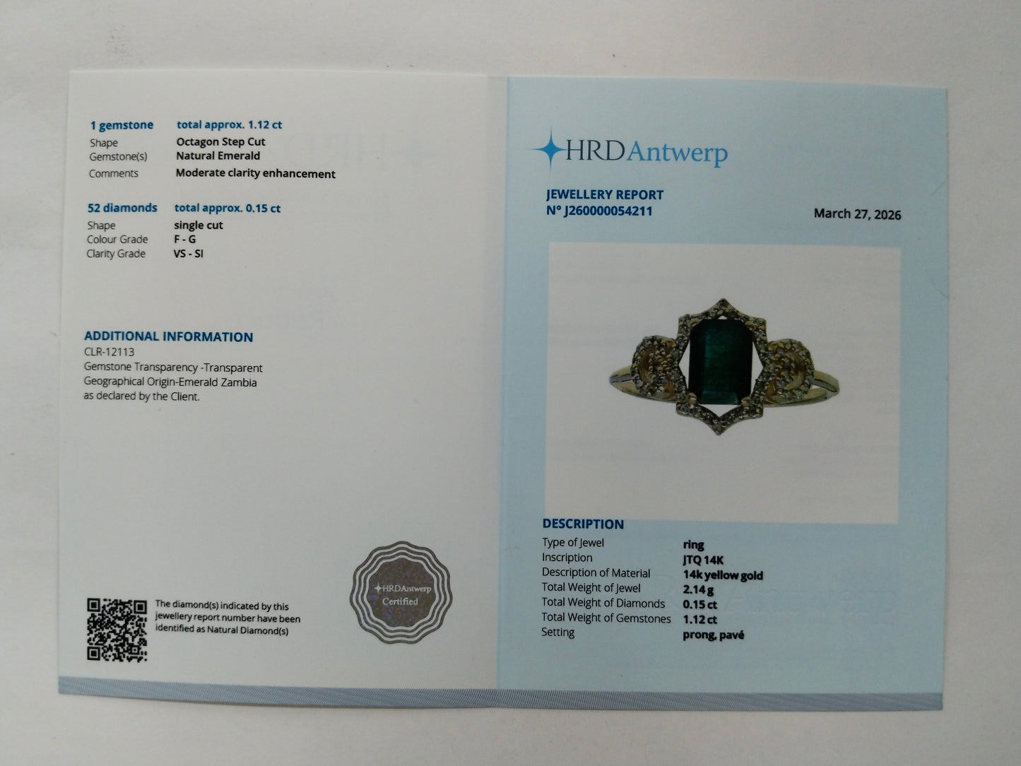 1.27 Ct Octagon Step Cut Natural Emerald 14K Gold Ring