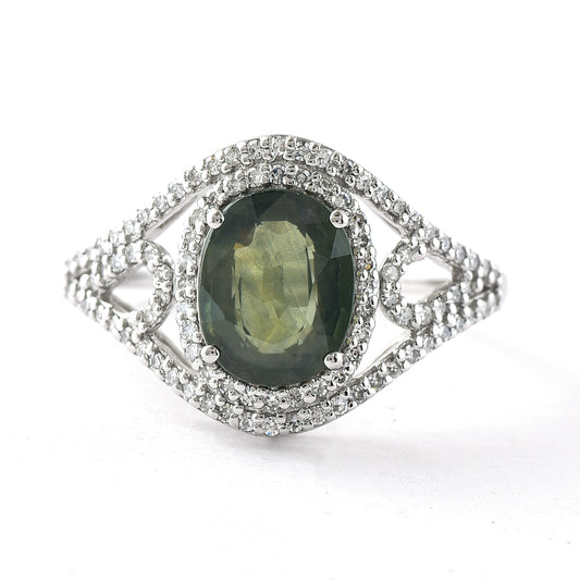 2.43 Ct Oval Mixed Cut Natural Green Sapphire 950 Platinum Ring