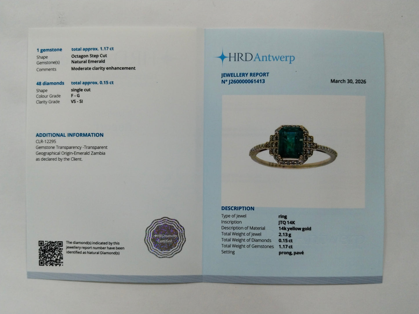 1.32 Ct Octagon Step Cut Natural Emerald 14K Gold Ring