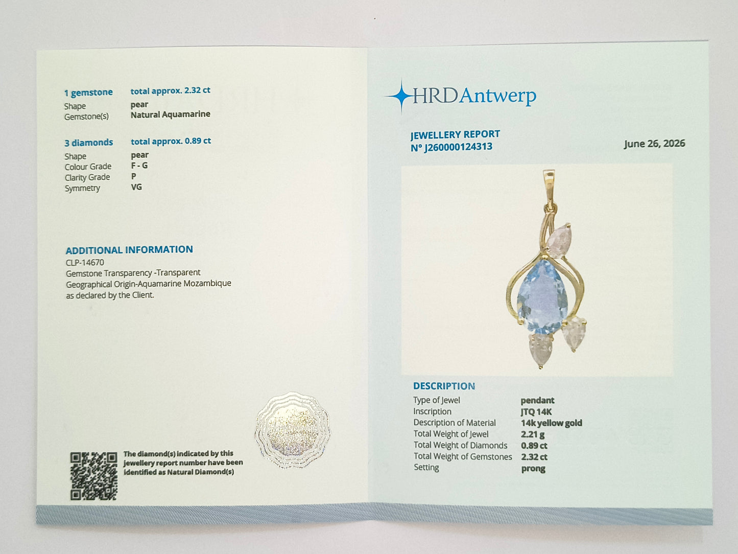 3.21 Ct Pear Natural Aquamarine 14K Gold Pendant