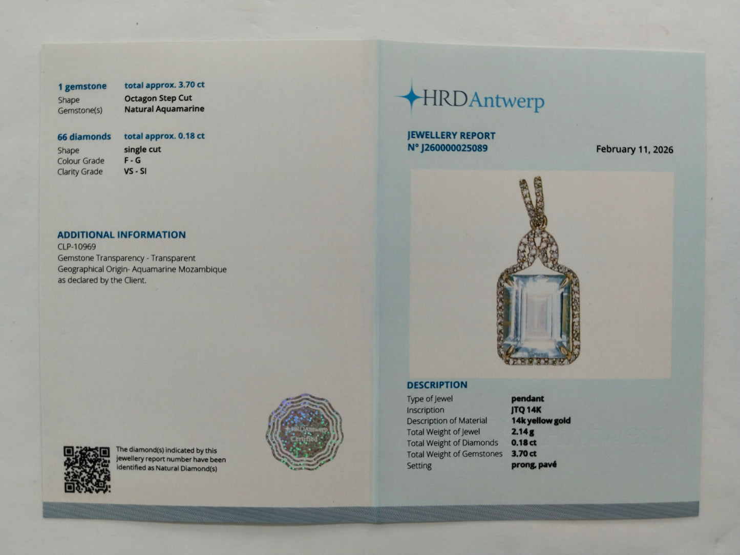 3.88 Ct Octagon Step Cut Natural Aquamarine 14K Gold Pendant