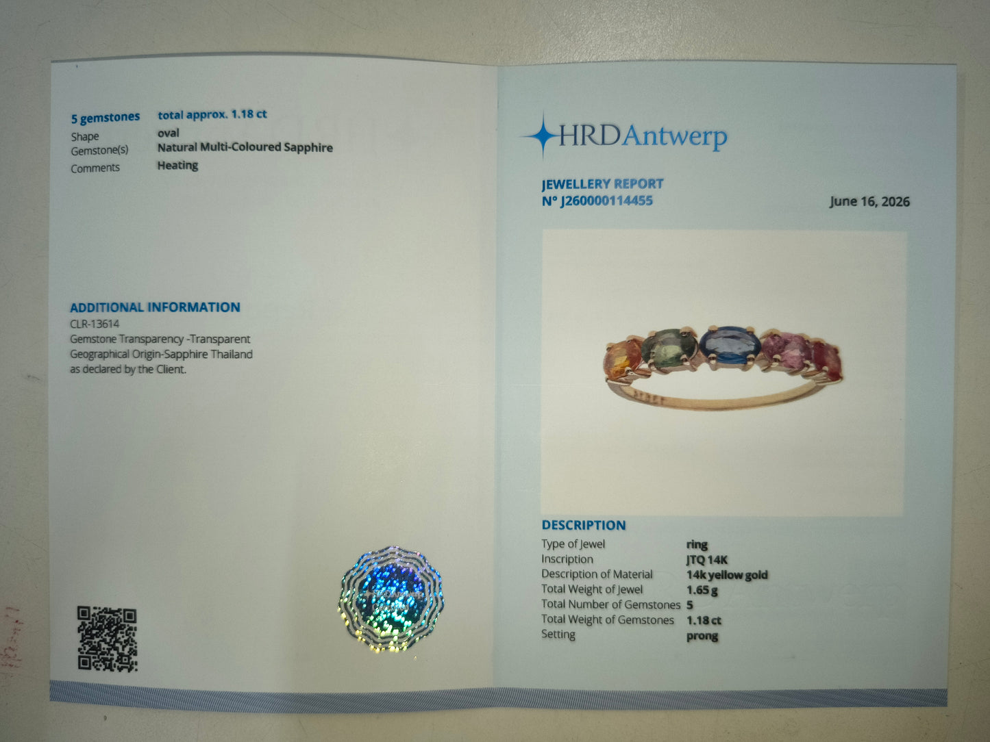 1.18 Ct Oval Natural Multi-Coloured Sapphire 14K Gold Ring