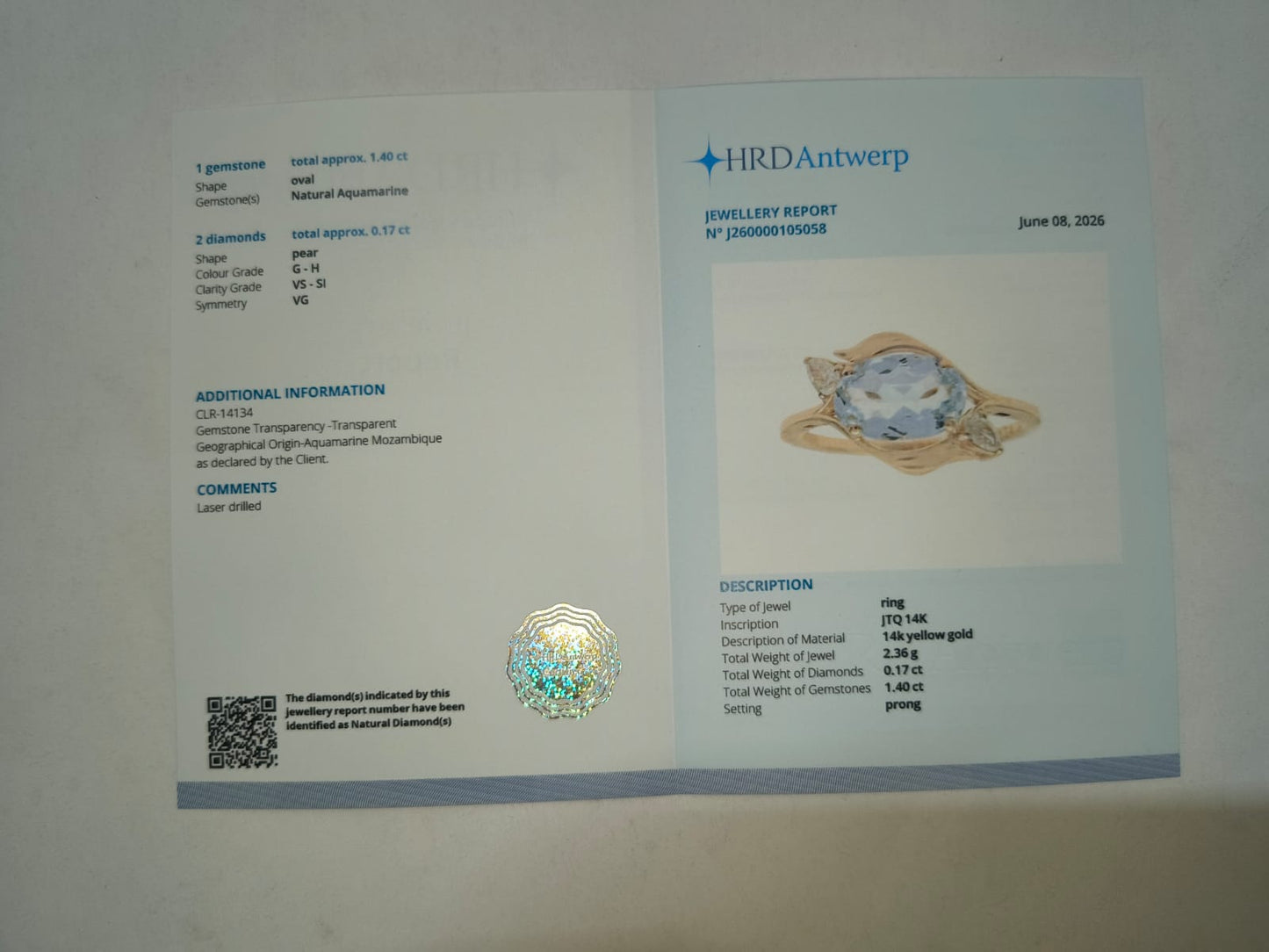 1.57 Ct Oval Mixed Cut Natural Aquamarine 14K Gold Ring