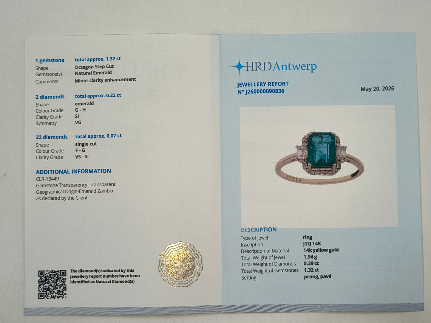 1.61 Ct Octagon Emerald 14K Gold Ring