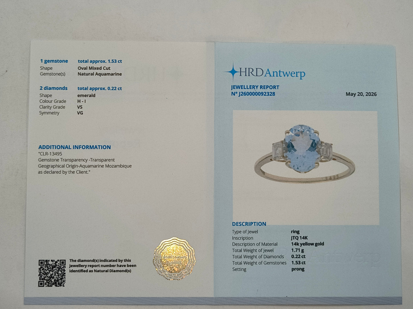 1.75 Ct Oval Aquamarine 14K Gold Ring