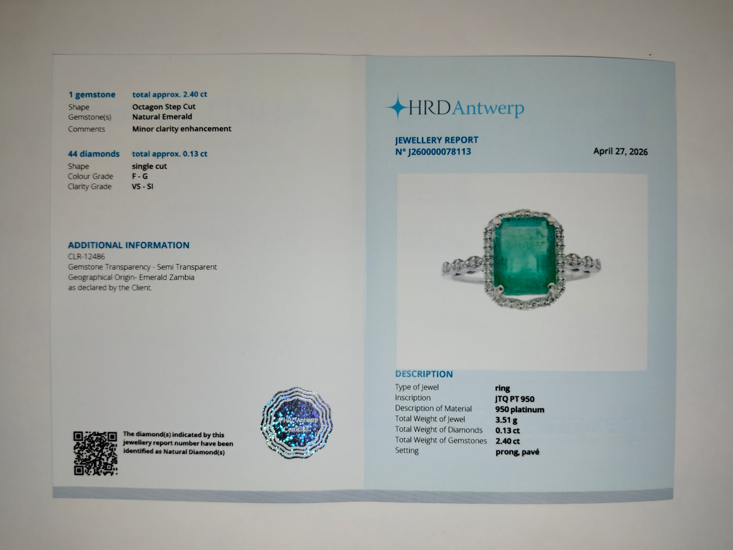 2.53 Ct Octagon Step Cut Natural Emerald 950 Platinum Ring