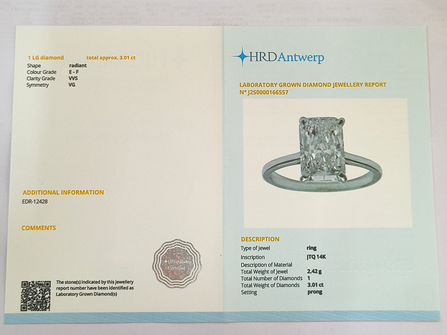 3.01 Carats Lab Grown Diamond 14K Gold Ring