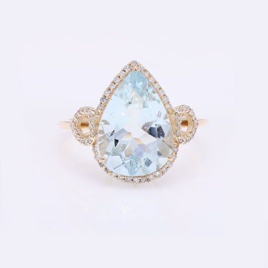 3.87 Ct Pear Mixed Cut Natural Beryl Aquamarine 14K Gold Ring