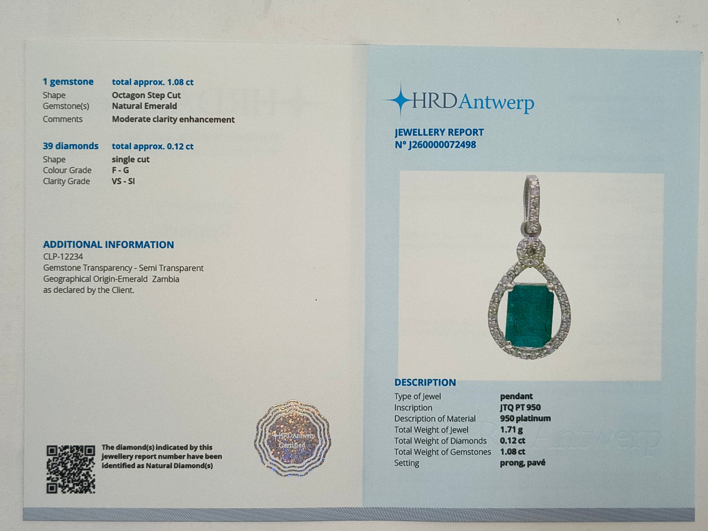 1.20 Ct Octagon Step Cut Natural Emerald 950 Platinum Pendant