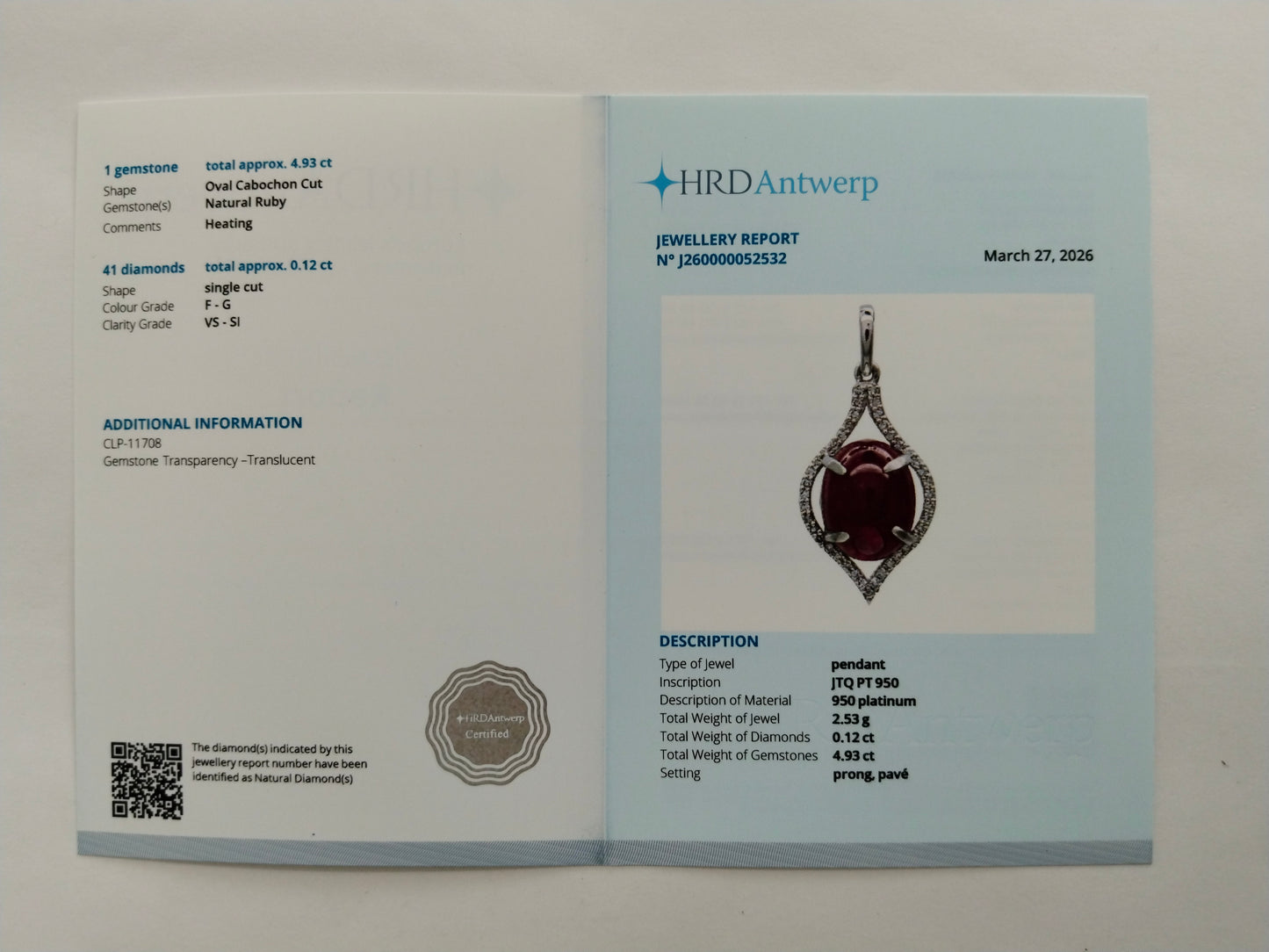 5.05 Ct Oval Cabochon Cut Natural Ruby 950 Platinum Pendant