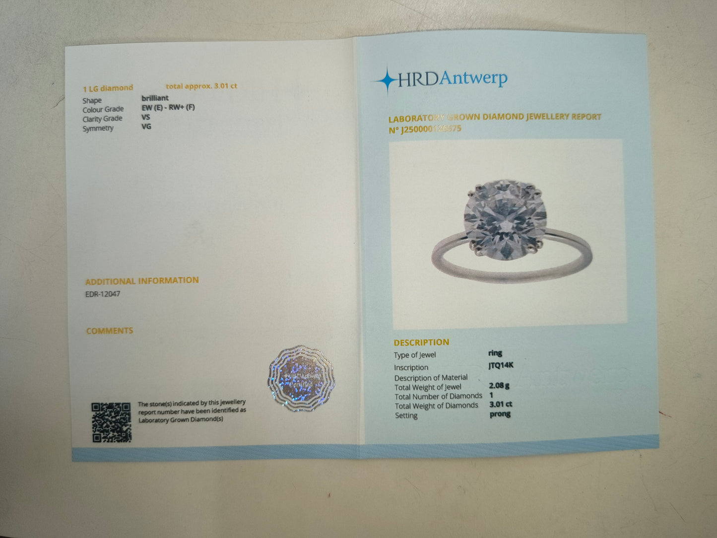 3.01 Carats Lab Grown Diamond 14K Gold Ring