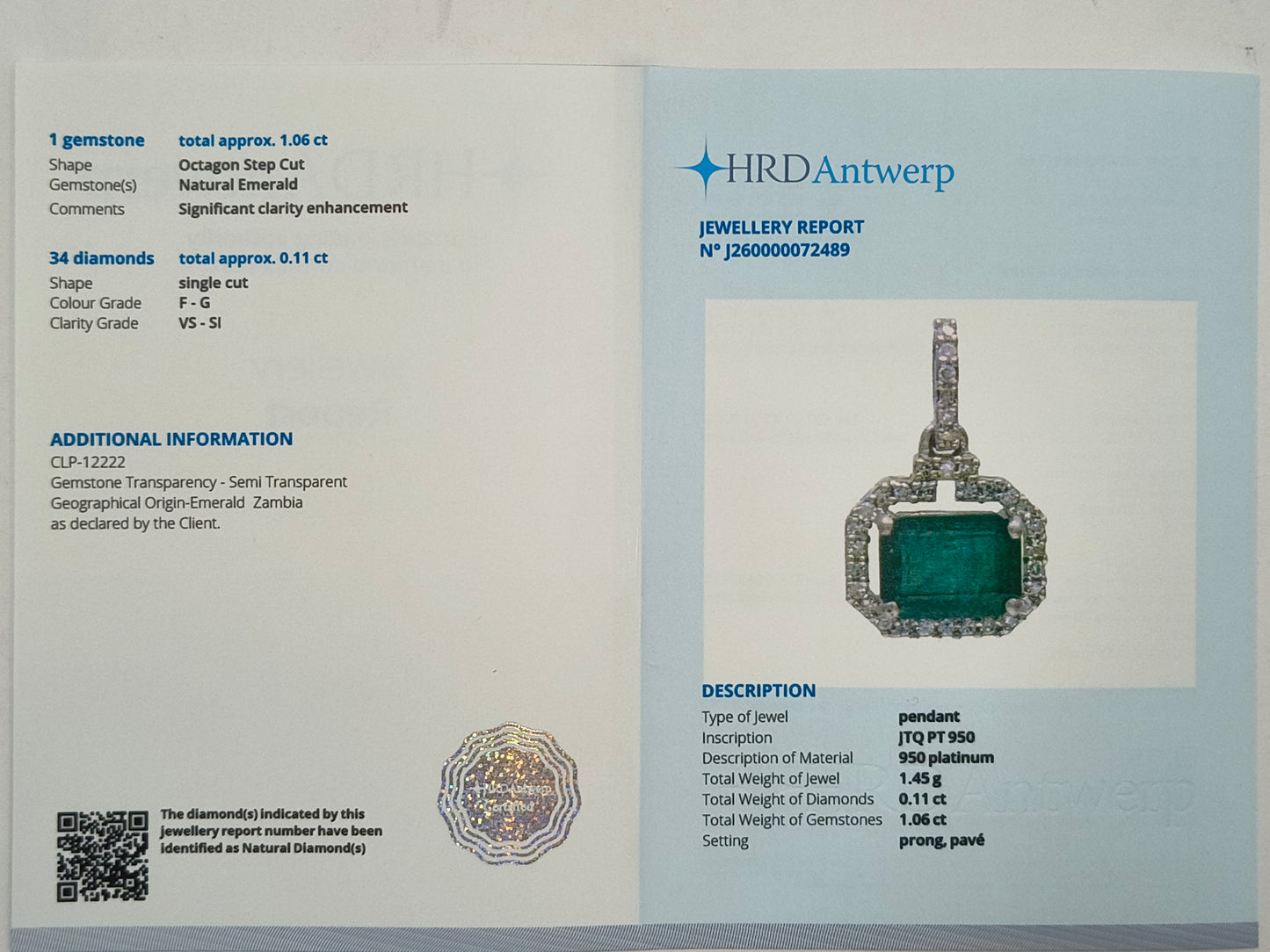 1.17 Ct Octagon Step Cut Natural Emerald 950 Platinum Pendant