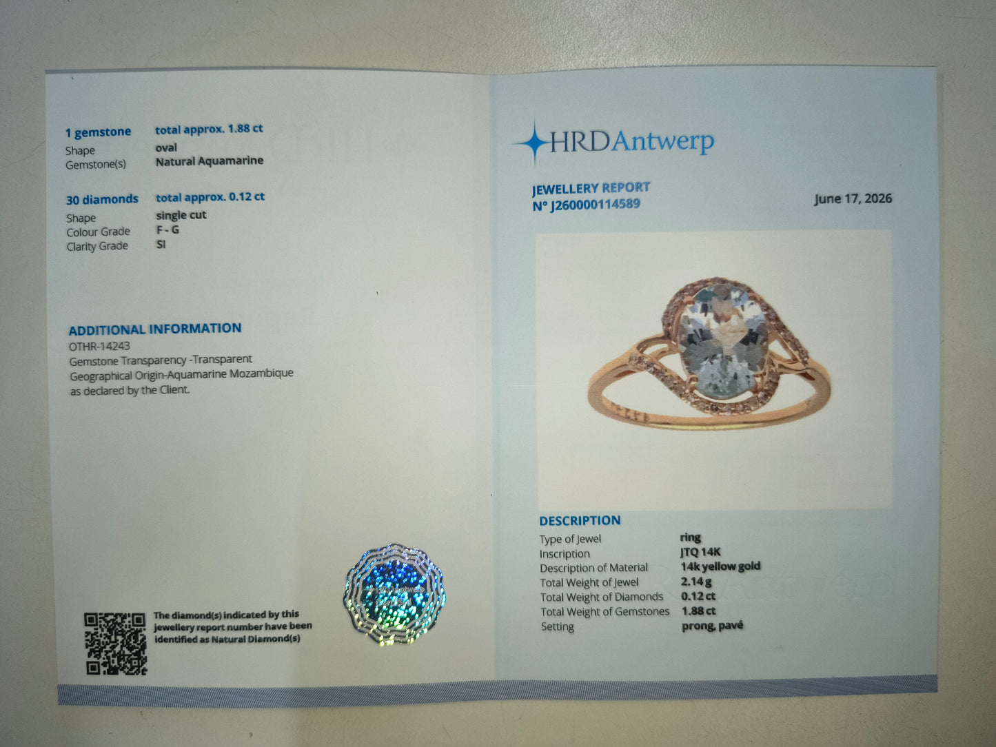 2.00 Ct Oval Natural Aquamarine 14K Gold Ring