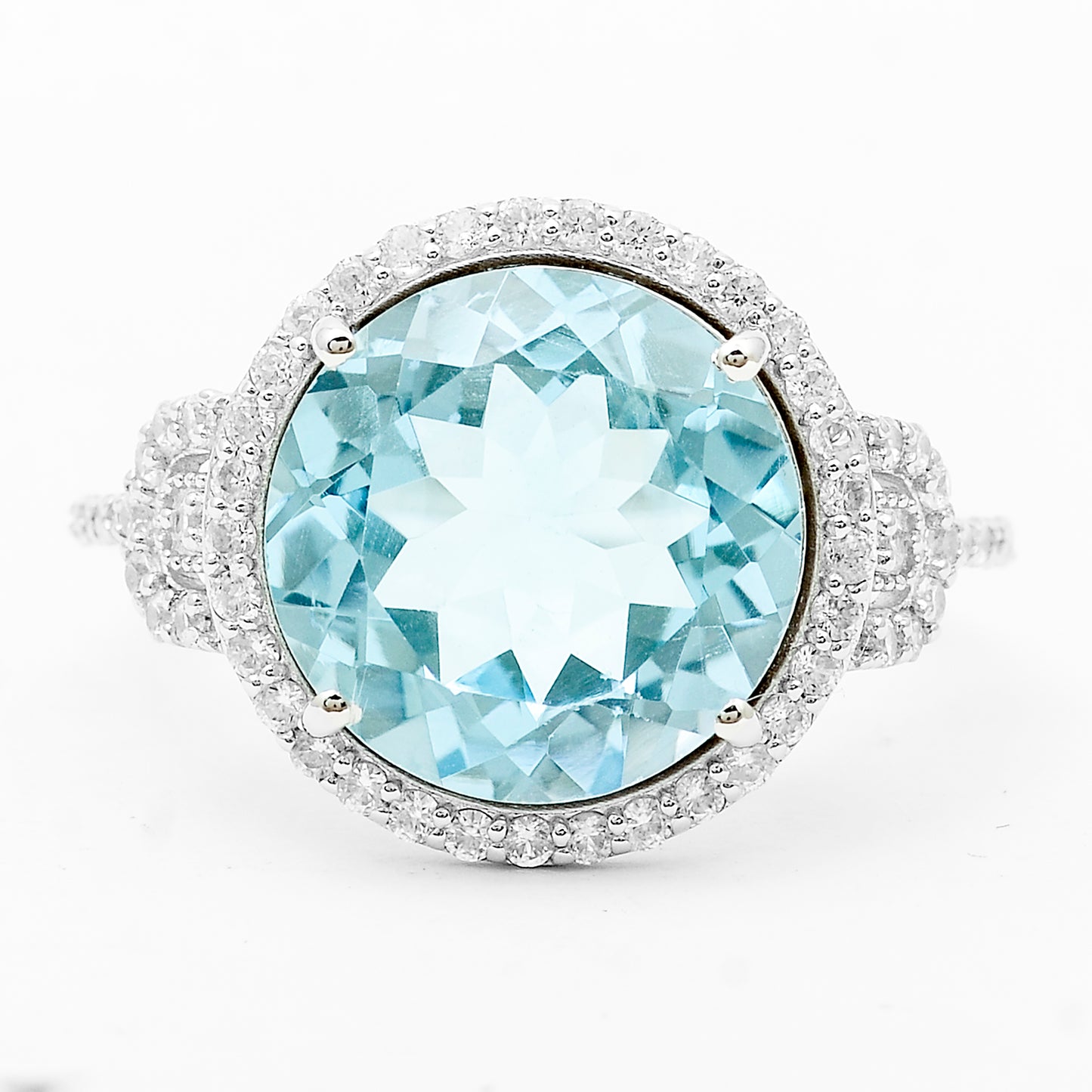 7.35 Ct Round Blue Topaz, White Zircon 925 Sterling Silver Ring