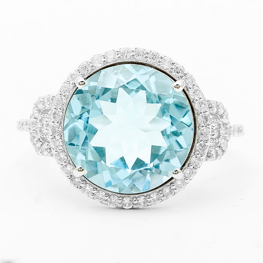 7.35 Ct Round Blue Topaz, White Zircon 925 Sterling Silver Ring