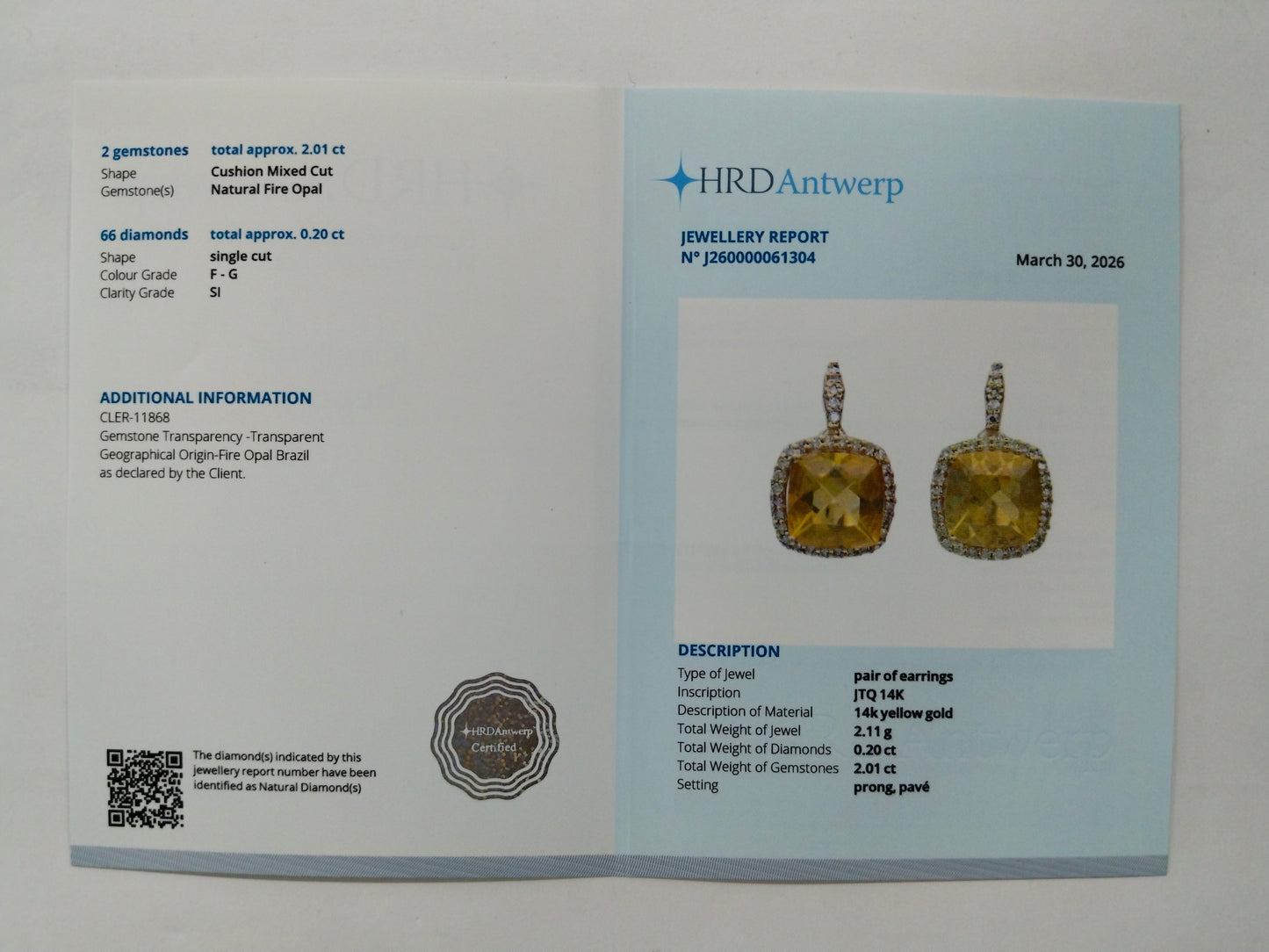2.21 Ct Cushion Mixed Cut Natural Fire Opal 14K Gold Earrings