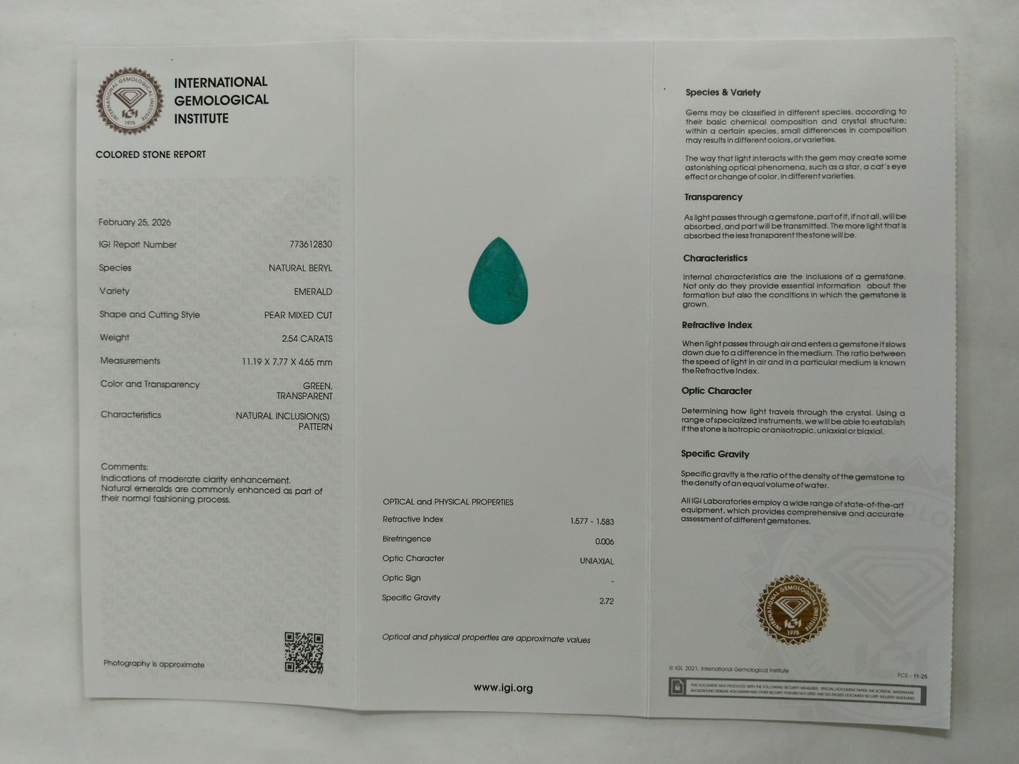 2.54 Natural Beryl Emerald Pear Mixed Cut Gemstone