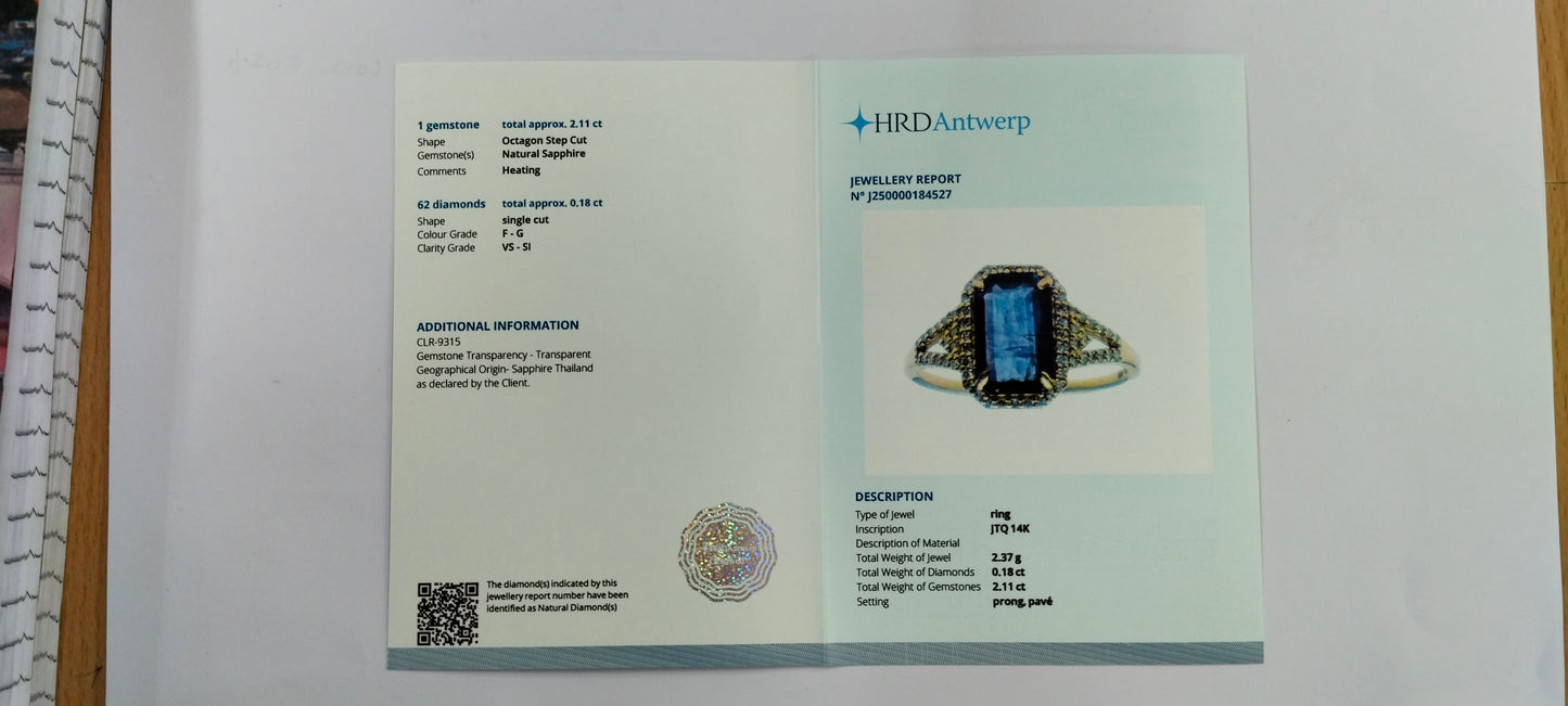 2.29 Ct Octagon Step Cut Natural Sapphire 14K Gold Ring
