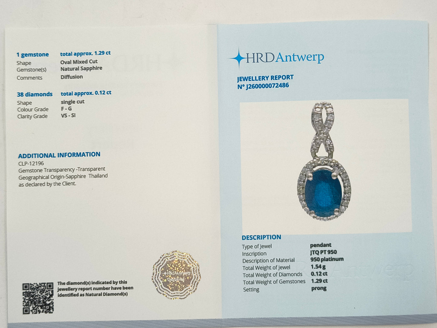 1.41 Ct Oval Mixed Cut Natural Sapphire 950 Platinum Pendant