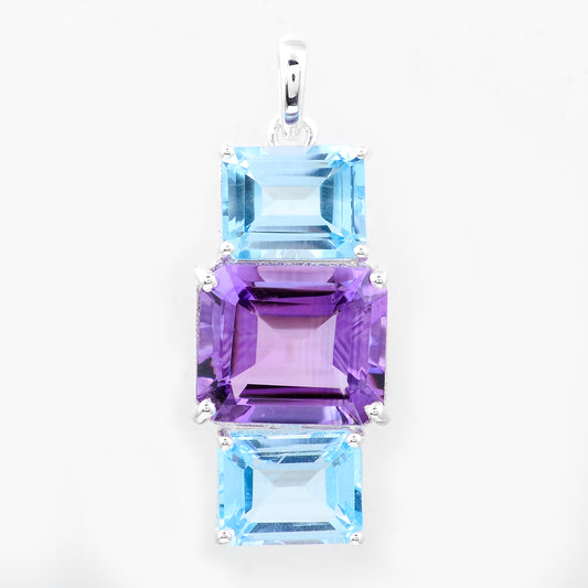 10.66 Ct Octagon Amethyst, Blue Topaz, 925 Sterling Silver Pendant
