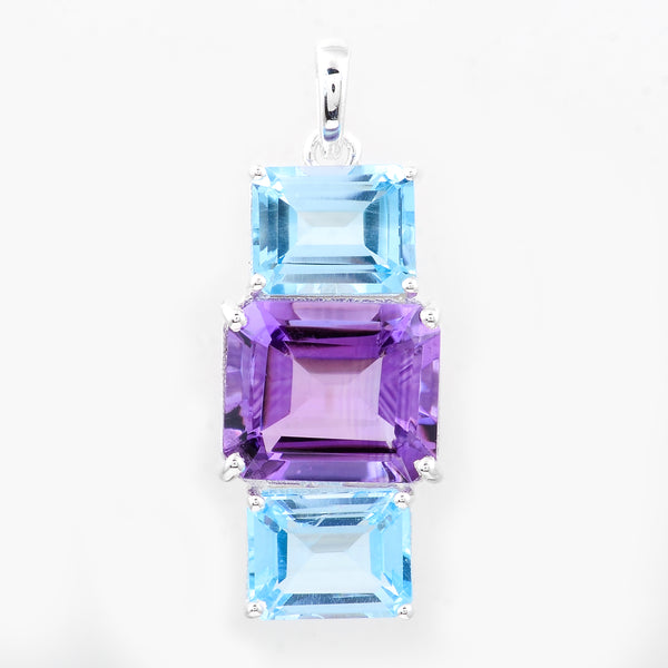 10.66 Ct Octagon Amethyst, Blue Topaz, 925 Sterling Silver Pendant
