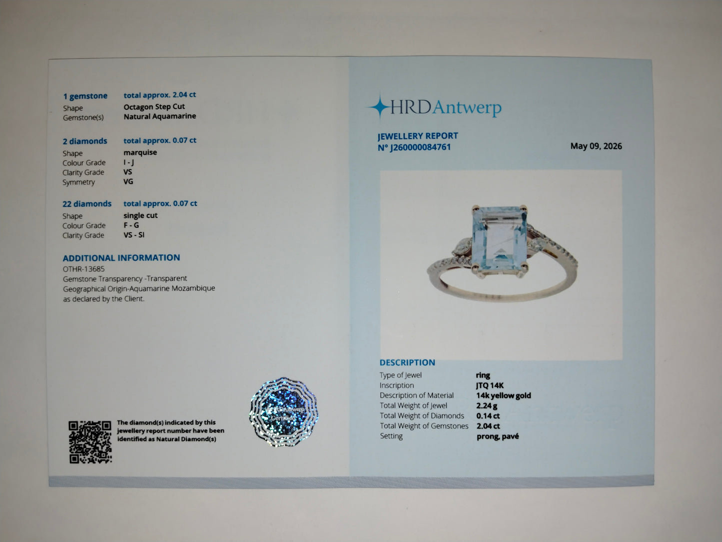 1.81 Ct Octagon Step Cut Natural Aquamarine 14K Gold Ring