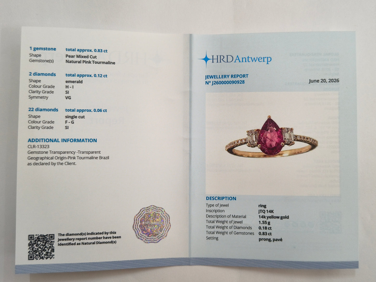 1.15 Ct Pear Mixed Cut Natural Pink Tourmaline 14K Gold Ring