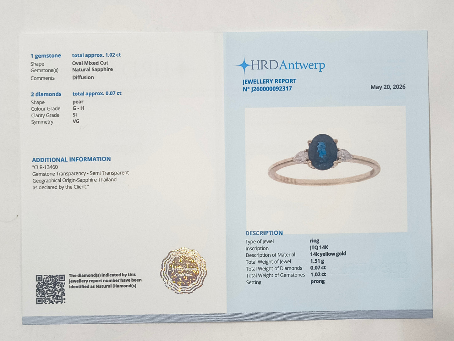 1.09 Ct Oval Sapphire 14K Gold Ring