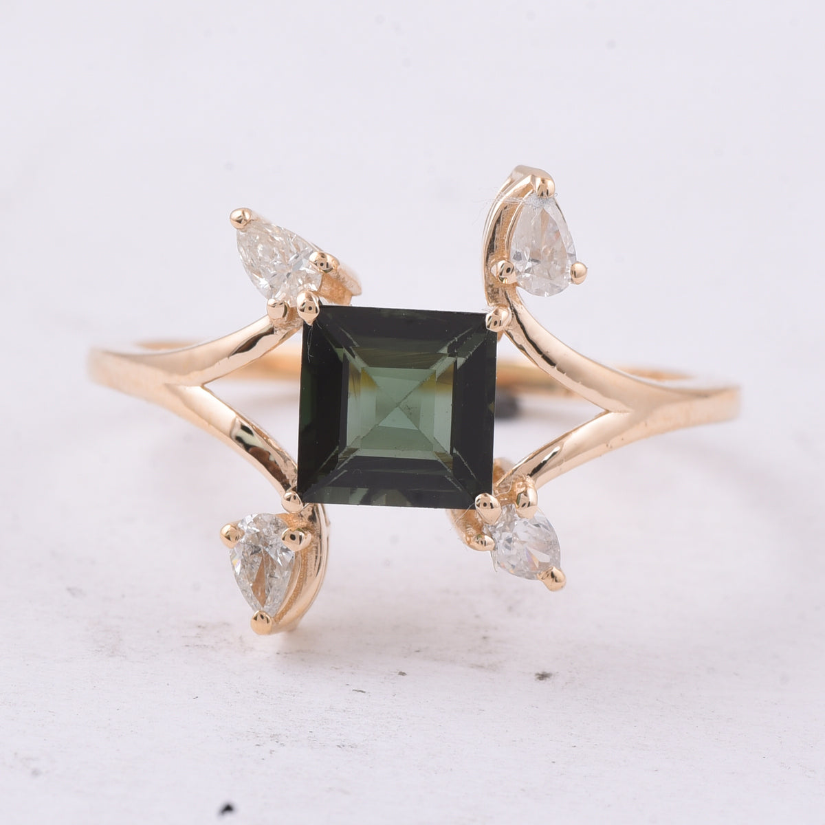 1.30 Ct Square Step Cut Natural Green Tourmaline 14K Gold Ring