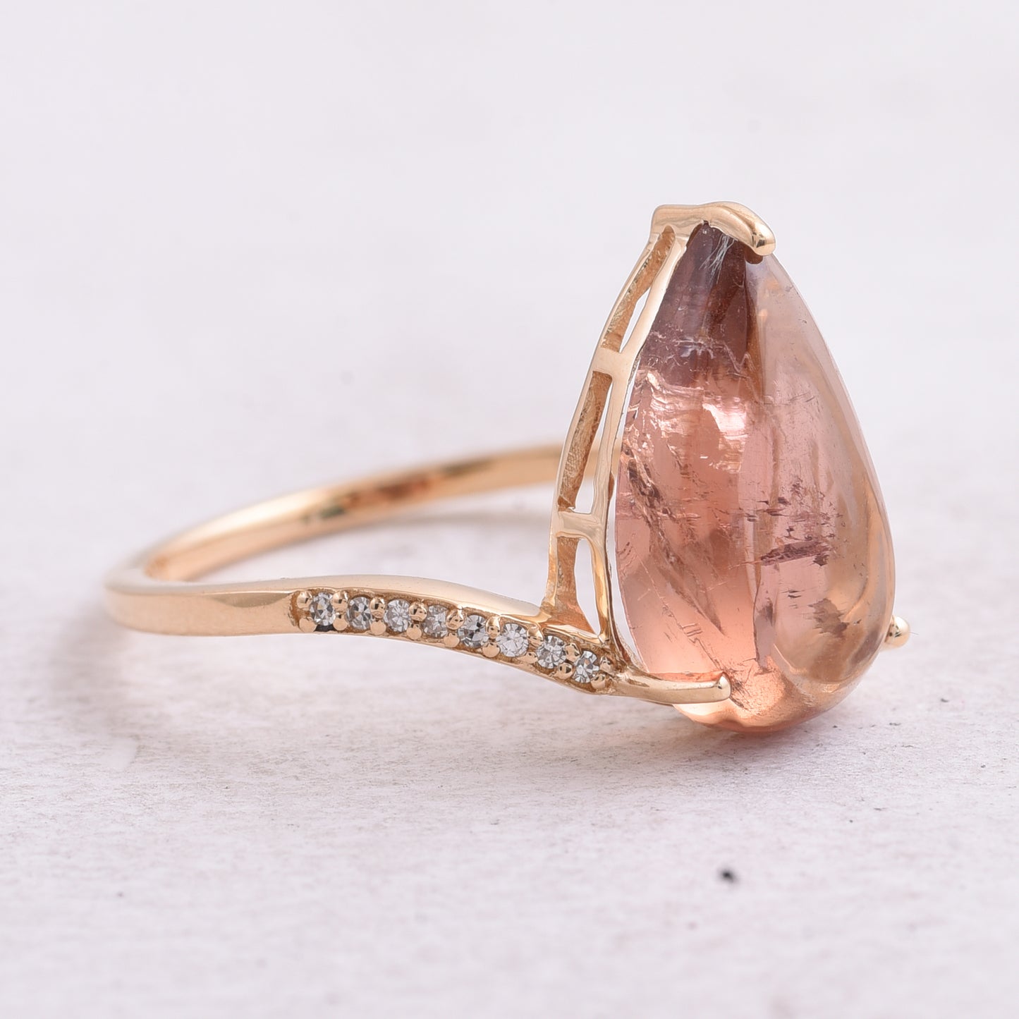 4.37 Ct Pear Cabochon Natural Pink Tourmaline 14K Gold Ring