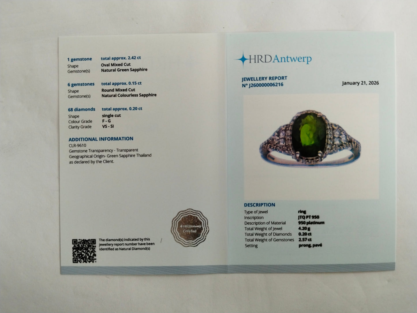 2.77 Ct Oval Mixed Cut Natural Green Sapphire 950 Platinum Ring