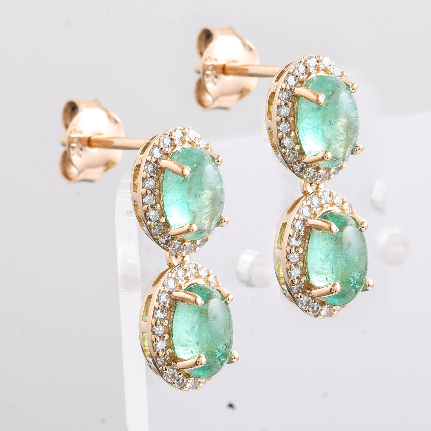 2.26 Ct Oval Cabochon Cut Natural Emerald 14K Gold Earrings