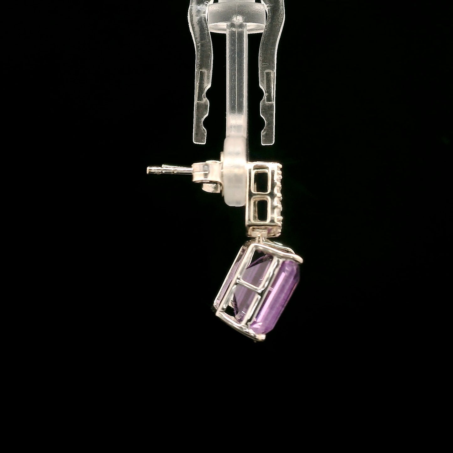 6.71 Ct Octagon Amethyst, White Zircon 925 Sterling Silver Earrings