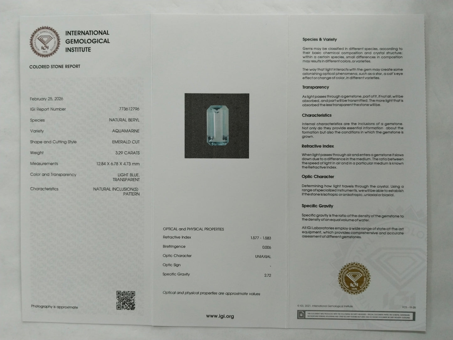 3.29 Natural Beryl Aquamarine Emerald Cut Gemstone