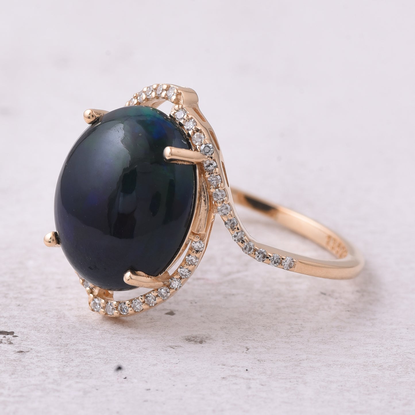 3.65 Ct Oval Cabochon Cut Natural Black Opal 14K Gold Ring