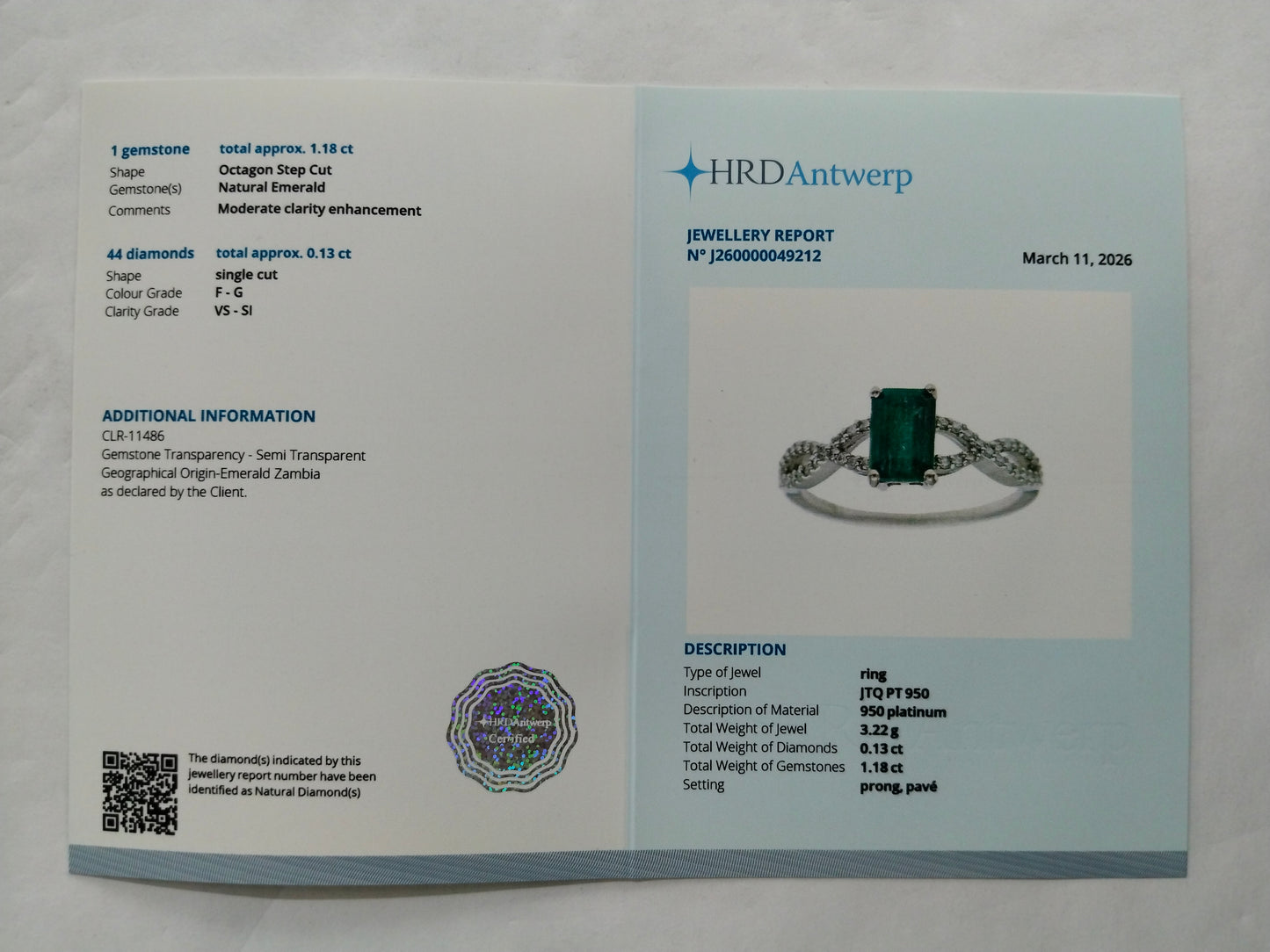 1.31 Ct Octagon Step Cut Natural Emerald 950 Platinum Ring