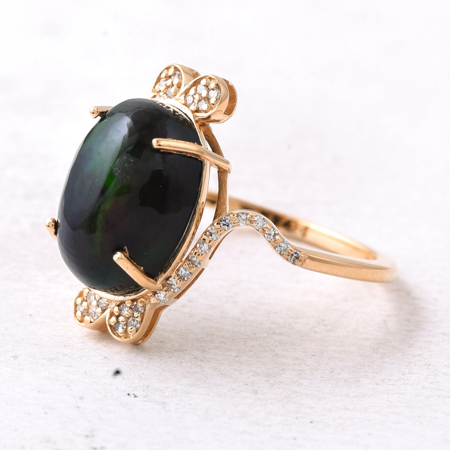 3.18 Ct Oval Cabochon Cut Natural Black Opal 14K Gold Ring