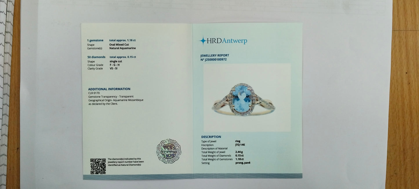 1.33 Ct Oval Mixed Cut Natural Aquamarine 14K Gold Ring
