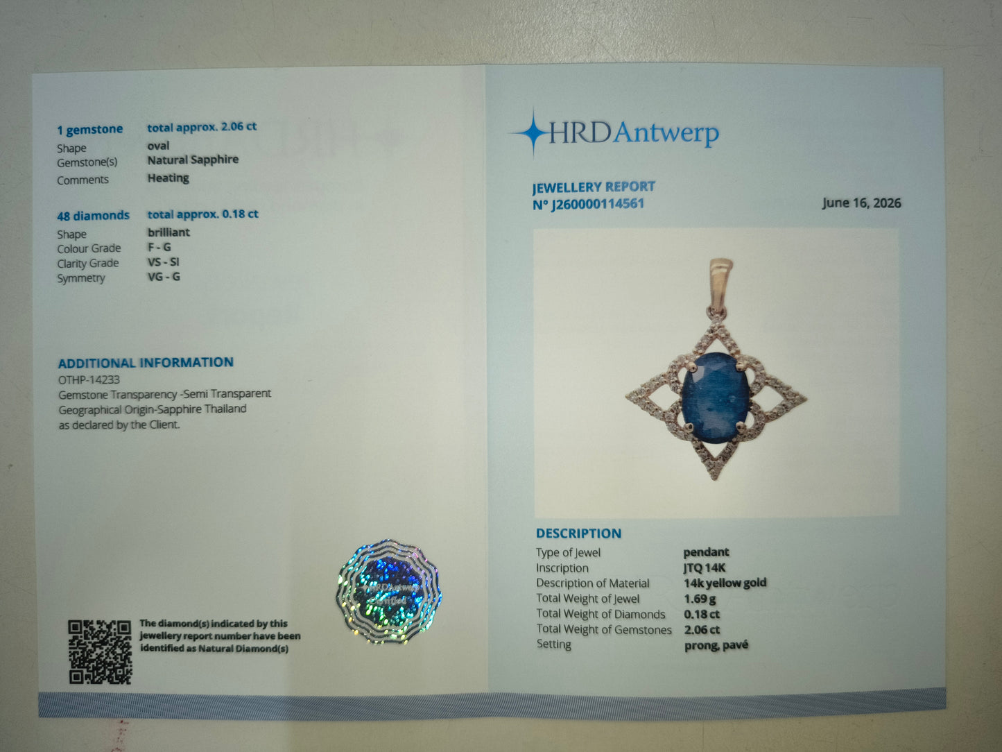 2.24 Ct Oval Natural Sapphire 14K Gold Pendant