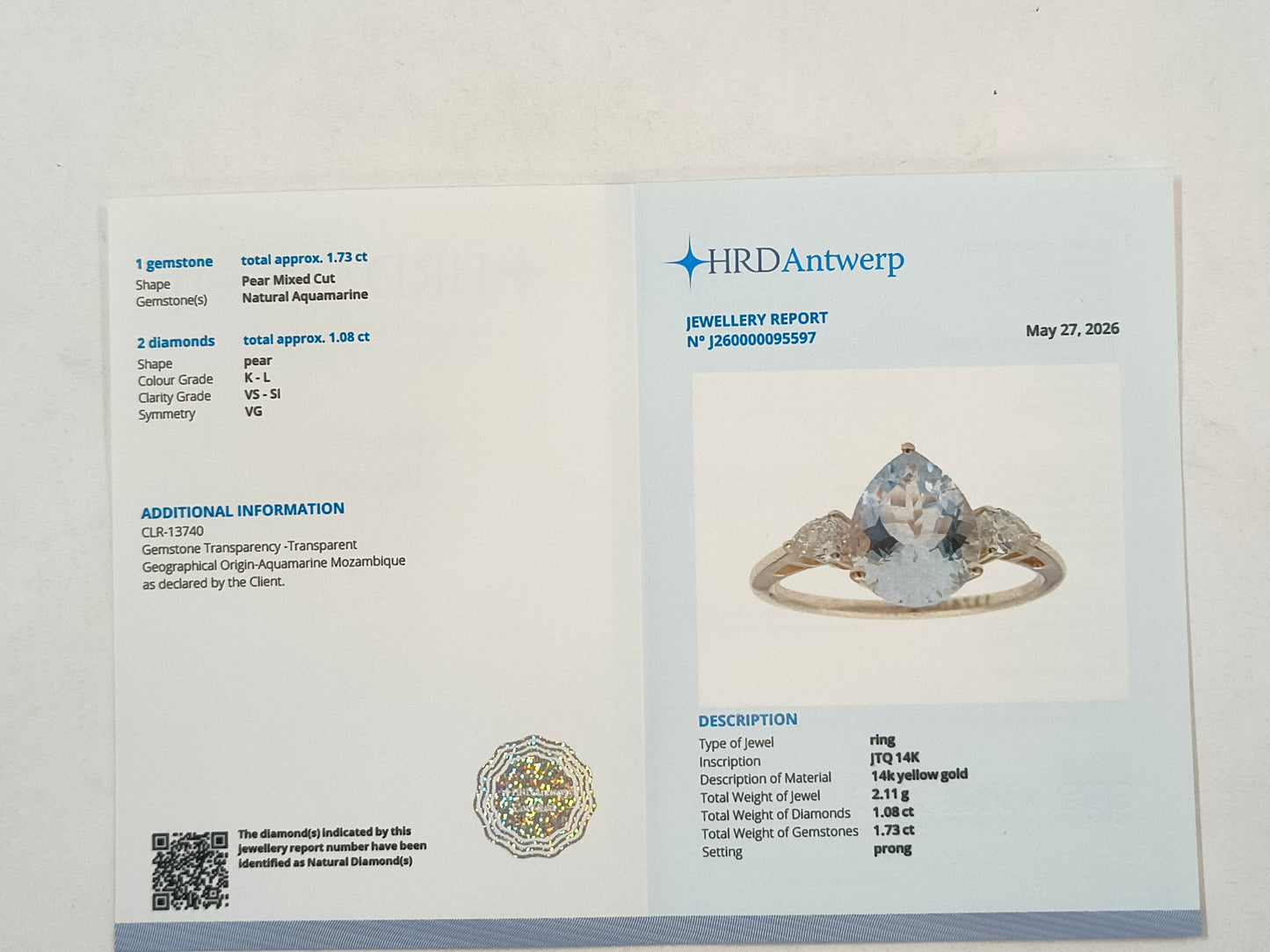 2.81 Ct Pear Mixed Cut Natural Aquamarine 14K Gold Ring