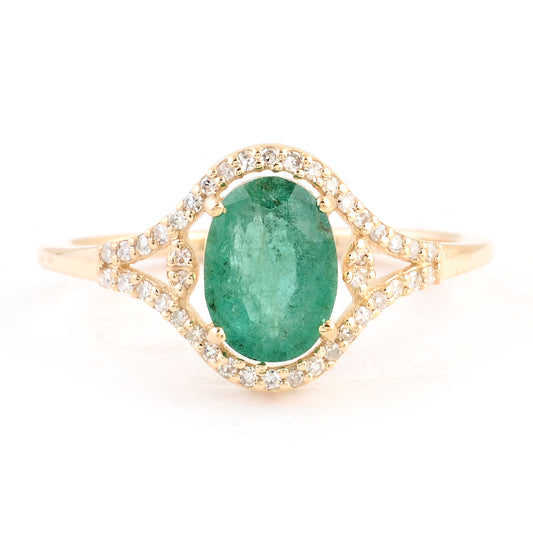 1.15 Ct Oval Mixed Cut Natural Beryl Emerald 14K Gold Ring