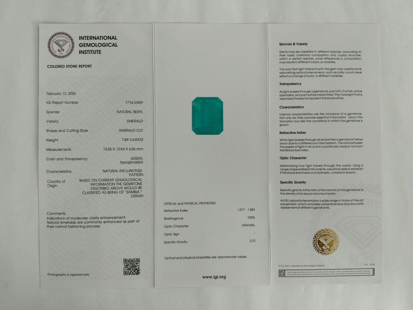 7.89 Natural Beryl Emerald Emerald Cut Gemstone