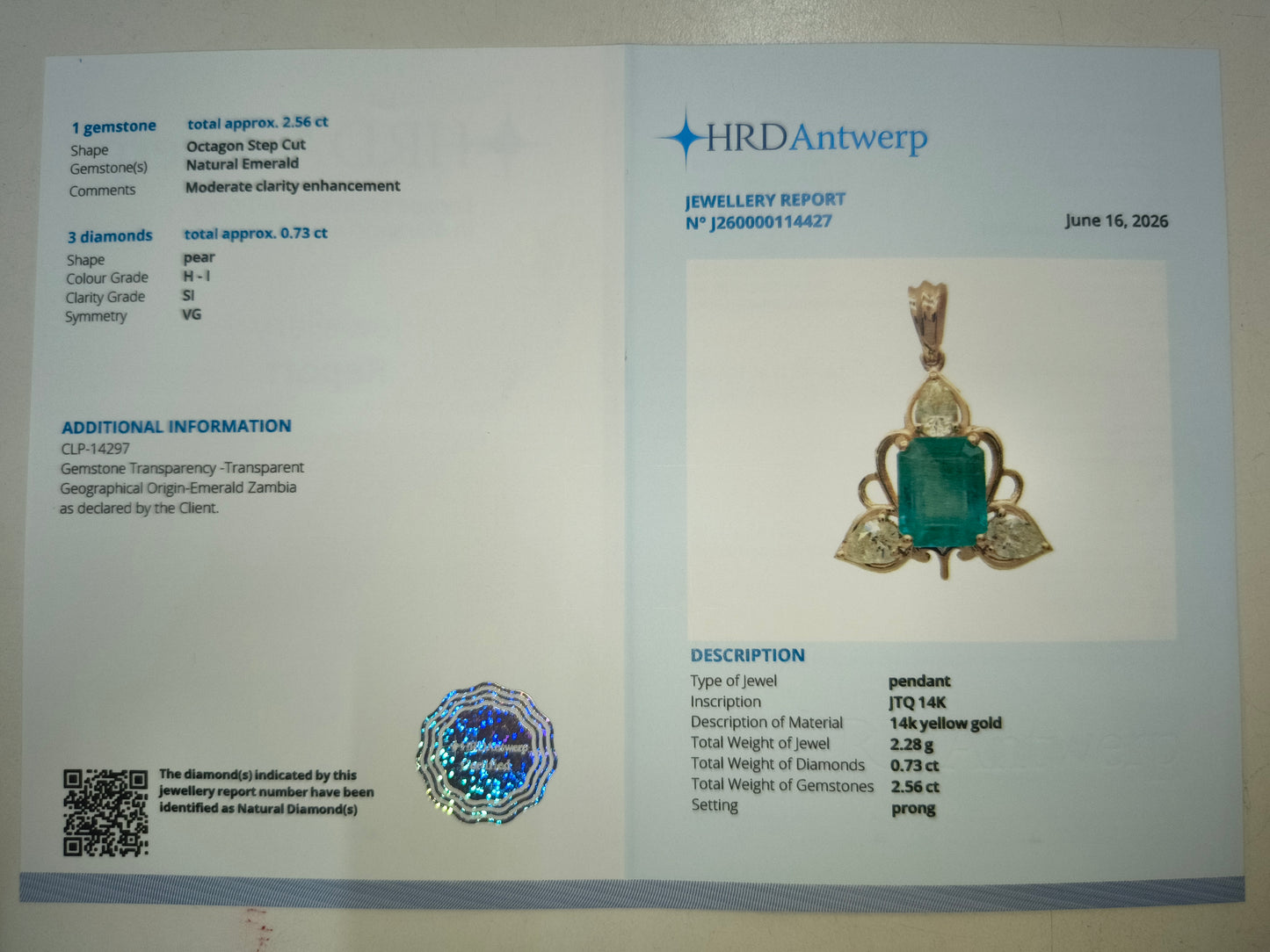 3.29 Ct Octagon Step Cut Natural Emerald 14K Gold Pendant