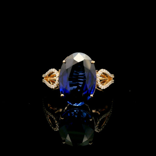 7.17 Ct Oval Mixed Cut Lab Grown Sapphire 14K Gold Ring