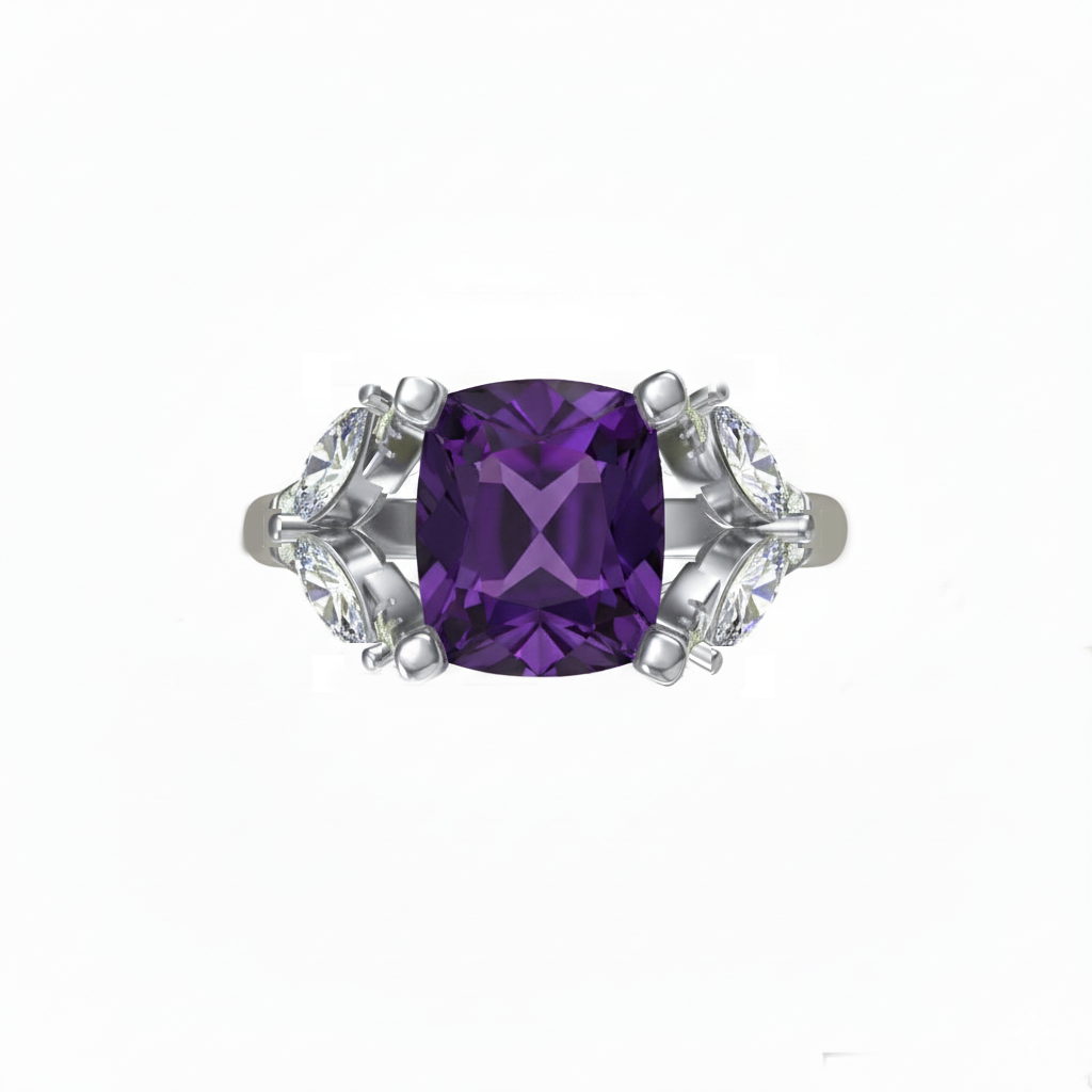 6.14 Ct Cushion Amethyst, White Topaz, Cubic Zarcon 925 Sterling Silver Ring