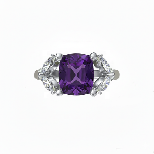 6.14 Ct Cushion Amethyst, White Topaz, Cubic Zarcon 925 Sterling Silver Ring