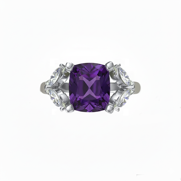 6.14 Ct Cushion Amethyst, White Topaz, Cubic Zarcon 925 Sterling Silver Ring